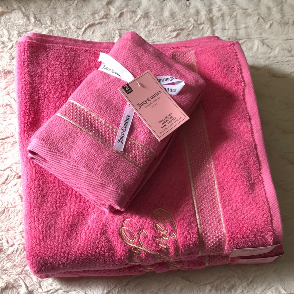 Juicy Couture Hot Pink Cotton Towel Set with Gold Embroidery